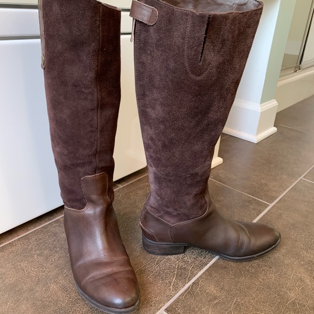 Sam Adelman knee high riding boots brown suede and leather low heel EUC